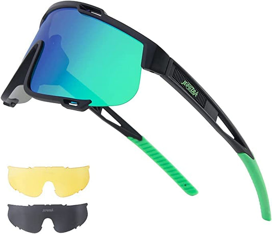 JEPOZRA Sunglasses Men Polarized Sports Cycling Glasses for Women with 3 Interchangeable Lenes for Baseball,Fishing, Ski Running