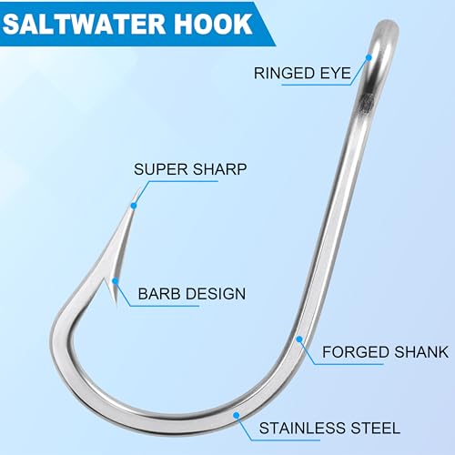 8/0 Saltwater Tuna Fishing Hooks - 15 Pack, Ultra Sharp Stainless Steel Big Game Trolling Hooks
