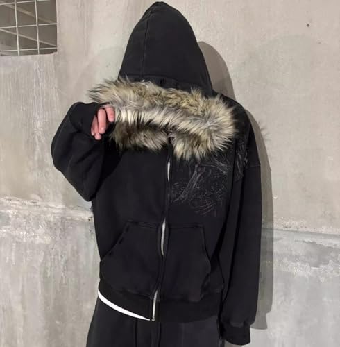Crop Winter Coats Teen Streetwear Hoodie Fur Jackets Y2K Grunge Black Large