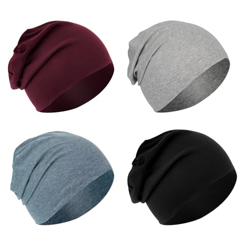 BEVTEE Cotton Slouchy Beanie for Men 4 Packs, Hip-Hop Soft Hats for Women, Skull Caps Lightweight for Winter, Gift, Fashion