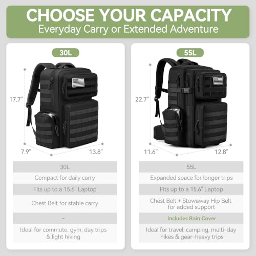 TILYMOL 55L Military Tactical Backpack Black - Large Assault Pack