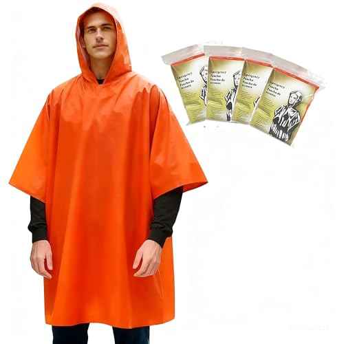 Survival Poncho with Mylar Blanket Liner, Waterproof Emergency Rain Poncho for Hiking, Camping, Outdoors(4 Pack)
