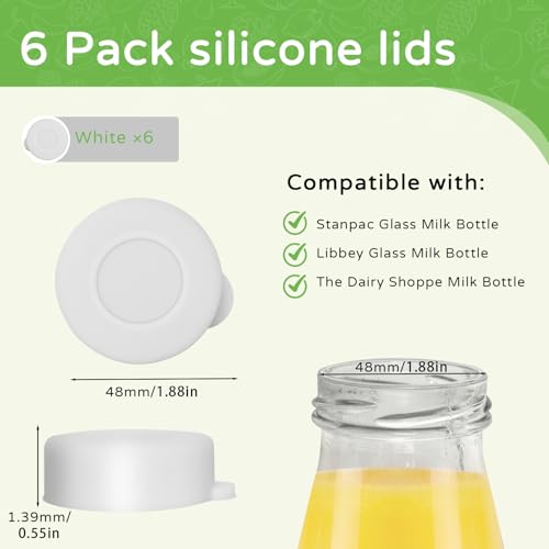 Silicone Glass Milk Bottle Caps, 48mm Diameter Bottle Caps for Libbey & Stanpac Milk Glass Bottles, Reusable and Easy to Clean (6 Pack) (White)