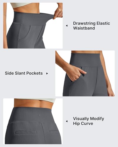 G4Free Ribbed Knit Wide Leg Pants Women with Pockets 32-Inch Inseam Dark Gray