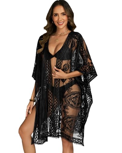 Women's Lace Open Front Bikini Cover Up - Solid Black - Beach Swimsuit Cover