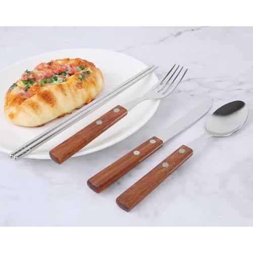 Travel Utensils with Case 4-Pack Wooden Handle Stainless Steel Reusable Travel Cutlery Set, Forks Spoons Knives Flatware Set for Camping, Picnic, Lunch Box for Men