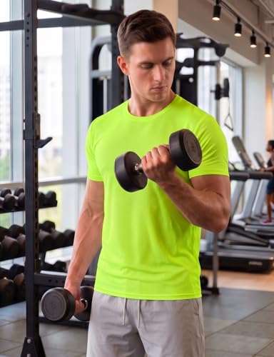Men's Short Sleeve Athletic Mesh T-Shirt - Quick Dry, Breathable, Muscle Fit, Neon Yellow, Medium
