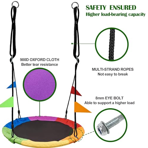 Rainbow Color 40 Inch Saucer Tree Swing Flying Seat - 600lb Capacity, Adjustable Ropes