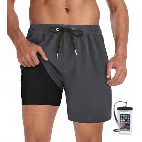 Fasker Mens Swim Trunks with Compression Liner 7" Inseam Quick Dry Bathing Suit Beach Shorts Swimming Trunks with Pockets