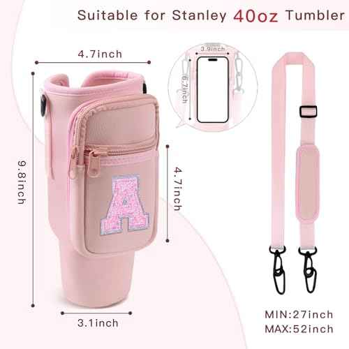 Unique Christmas Birthday Gifts for Women Her Initial Water Bottle Carrier Bag with Phone Pocket for Stanley 40oz Tumbler Stanley Cup Accessories Water Bottle Holder Pouch with Strap Pink A