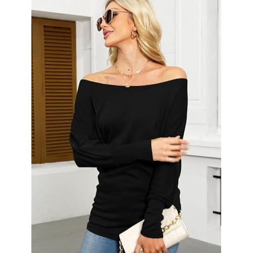 Eniloyal Women's Off Shoulder Tops Batwing Long Sleeve Shirts Loose Fall Fashion Blouse Tunic Oversized Pullover Sweater