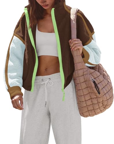 Women’s Zip Up Fleece Jacket Long Sleeve Sherpa Sweatshirt Small Cocoa Sky Combo