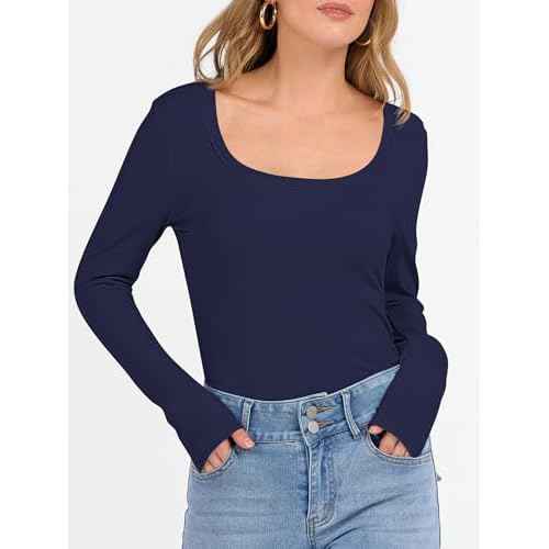 ANRABESS Womens Long Sleeve Fleece Thermal Tops Square Neck Fitted Basic Thick Layering Shirt 2025 Fall Winter Outfits