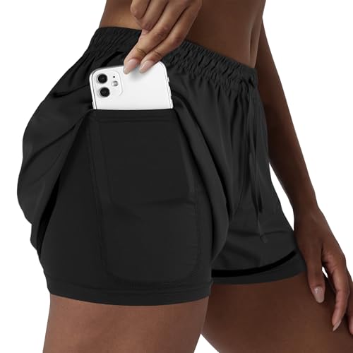 Women's 2-in-1 Running Shorts Medium Black High-Waisted Workout Gym Shorts