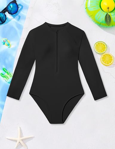 Girls One Piece Swimsuit with Zipper Rash Guard Long Sleeve Bathing Suit UPF50+ Sun Protection - Black, 13-14 Years