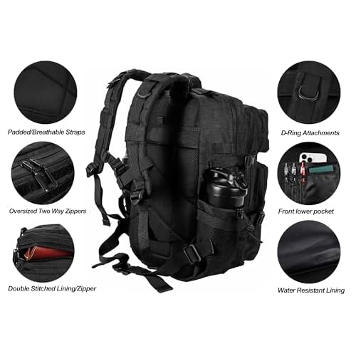 LHI Military Tactical Backpack for Men and Women 45L Army 3 Days Assault Pack Bag Large Rucksack with Molle System - Black