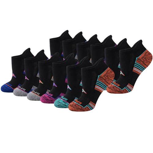 Women's Athletic Ankle Socks 6 Pairs - Cushioned & Multi-Color on Black, Size 5-9