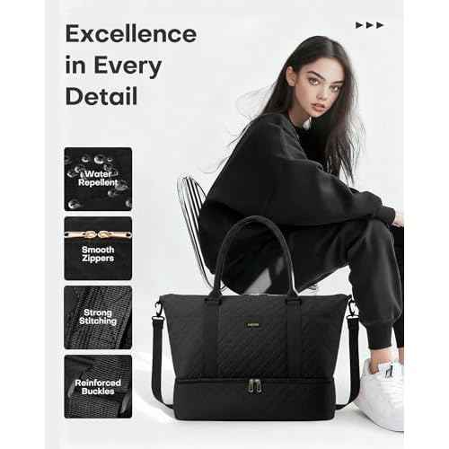 HOTOR Travel Duffel Bag - Weekender Bags for Women, Carry On Overnight Bag with Shoe Compartment, with Toiletry Bag for Travel Essentials and Travel Accessories, Black, 13.4"¡¿17.3"¡¿7.9"