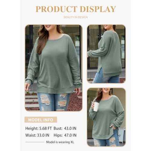 Eytino Womens Plus Size Sweatshirts Crewneck Waffle Knit Long Sleeve Side Slit Casual Pullover Sweatshirt Tops(1X-5X)