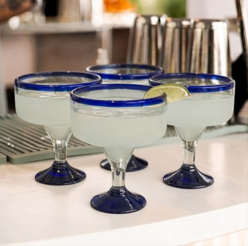 Mexican Hand Blown Margarita Glasses Set of 4 - 16 oz Traditional Blue Rim