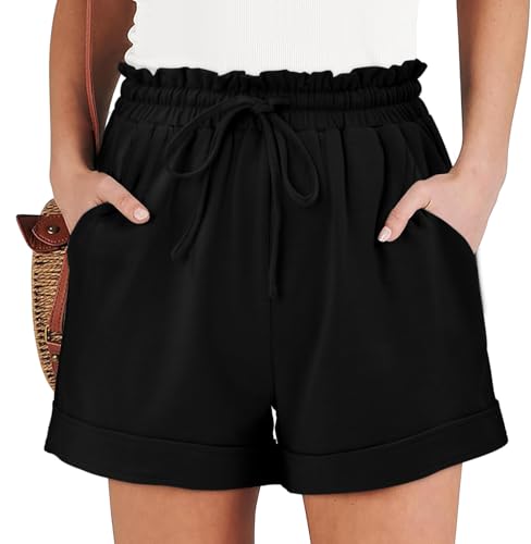 Women Casual Shorts with Pockets - Elastic Waist, Drawstring, Summer Pull-On Shorts - Black XL