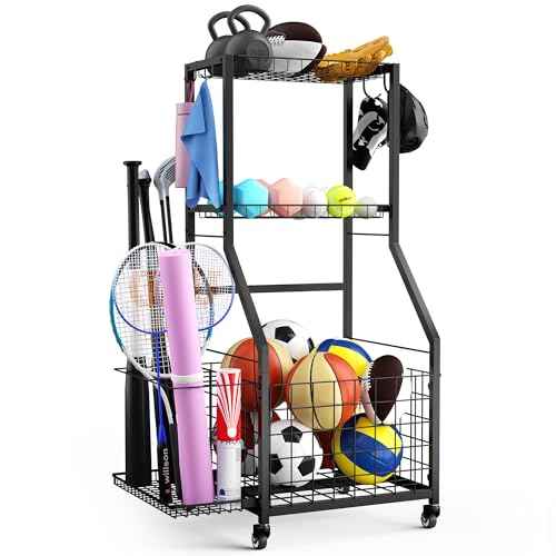 Sports Equipment Garage Organizer,Garage Ball Storage Rack for Sports with Wheels-Upgraded 3 Layers Sports Organizer Rack Outdoor Basketball Racks for Balls with Holder and Hooks