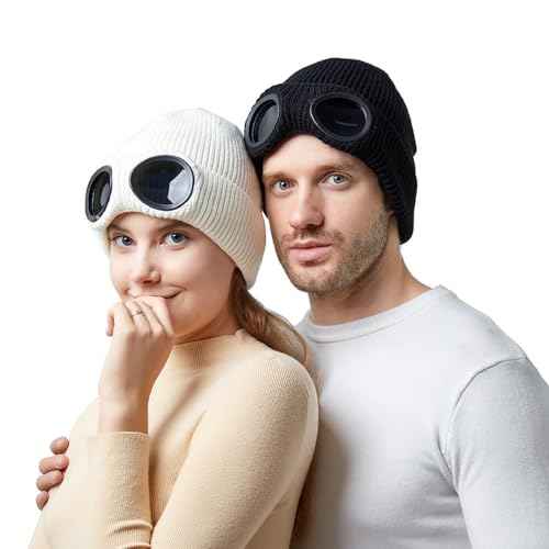 Unisex Knitted Goggles Beanie - Winter Stylish Skull Warm Cap, Outdoor Sports Fashion Fleece Lining Stretchy Hat