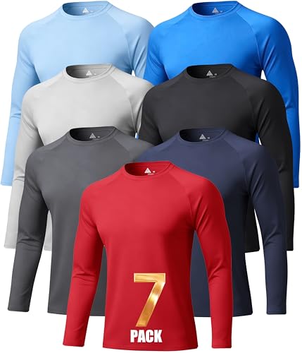 Men's Long Sleeve Sun Protection Base Layer Shirts - 7 Pack Light Blue & Dark Blue