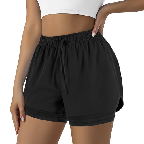 Women's 2-in-1 Running Shorts Medium Black High-Waisted Workout Gym Shorts