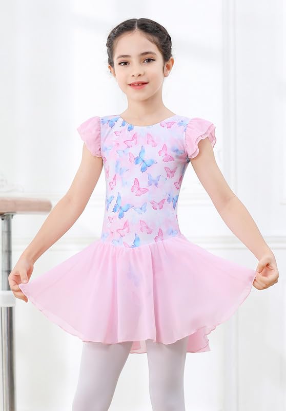 Toddler Ballet Leotard with Skirt - Pink Butterfly, Flutter Sleeve & Criss-Cross Back, 4-6 Years