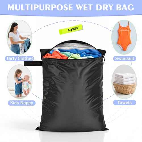 3 Pack Clothes Baby Diaper Wet Dry Bags Waterproof Reusable,12"x16",Durable Polyester Fabric with Waterproof Tape,Swim Wet Swimsuit & Towel Sack for Gym Beach Travel,with Handle and Zipper,Black