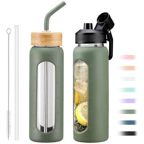 Dark Olive 24oz Glass Water Bottle with Dual Lids, Straw & Handle