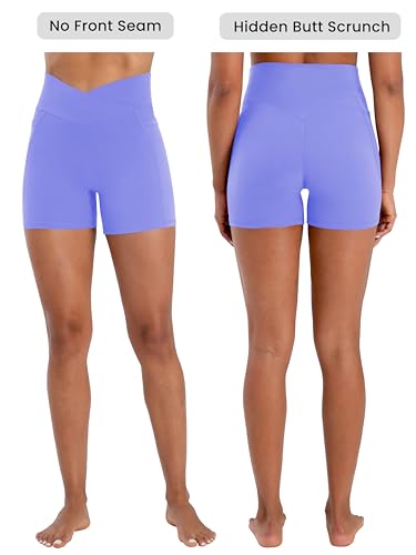 Sunzel Women's High Waist Crossover Biker Shorts with Pockets - 4 Inch Inseam, Medium, Periwinkle
