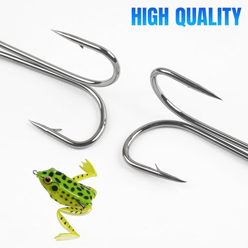 4/0 Double Fishing Hooks - 35pcs Frog Fly Tying Hooks, 3X Strong, Sharp, Open Shank, High Carbon Steel, Barbed, Saltwater & Freshwater