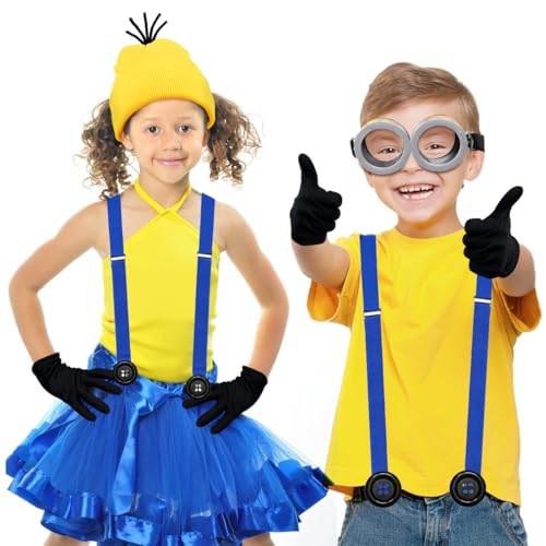 MOVINPE Halloween Costume Accessories, Yellow Beanie Hats Steampunk Goggles Glasses Elastic Suspenders Gloves Buttons Halloween Cosplay Party Set