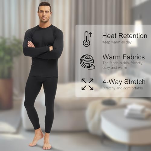 Men's Thermal Underwear Long Johns Fleece Lined Compression Pants Shirts Tops Athletic Base Layer Set Cold Weather