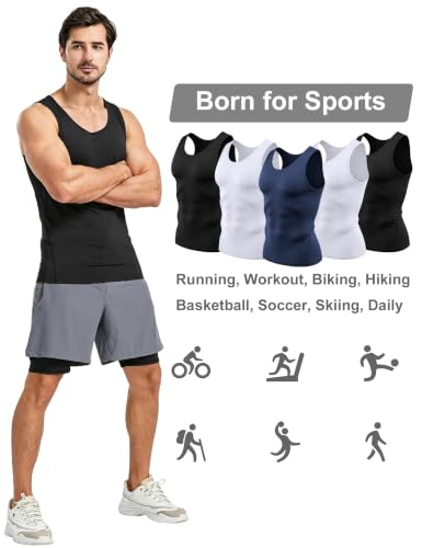 Dalavch Men's Sleeveless Compression Tank Top Pack - Large, 2 Black, 2 White, 1 Blue
