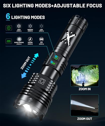 High Lumens Rechargeable LED Flashlight with Zoom, Waterproof, 6 Modes for Camping Emergency