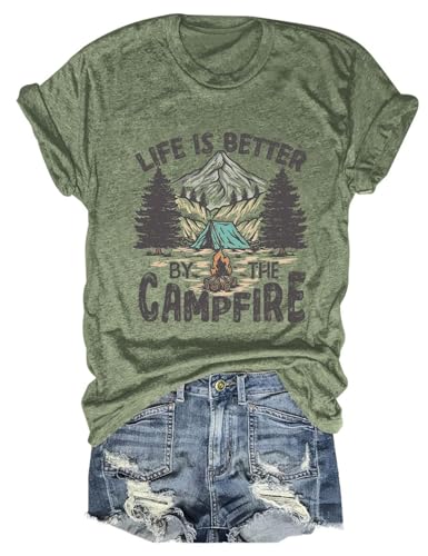 Camping Shirt Women Life Is Better Graphic Tee Olive Green Medium
