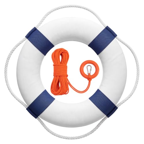 White-Blue 20 Inch Life Preserver Ring with 98.4ft Floating Rope - Pool & Boat Safety Float - Throwable Lifebuoy Set
