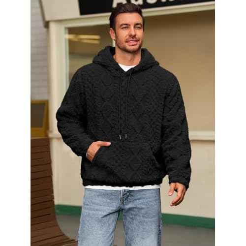 Runcati Mens Fuzzy Sherpa Hoodie Pullover Sweatshirts Long Sleeve Front Pocket Fall Winter Hooded Textured Outwear