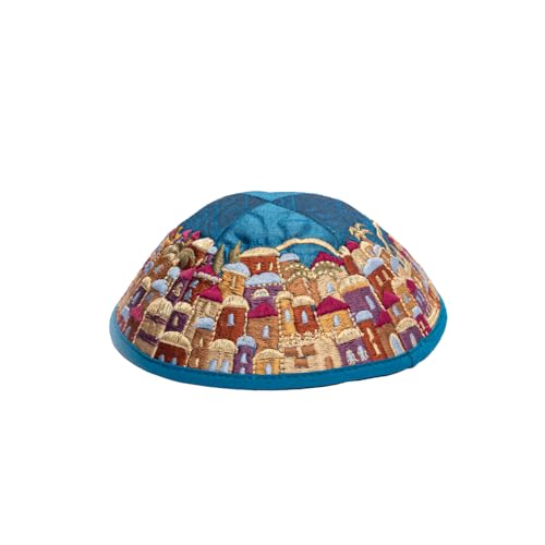 Embroidered Kippah with Jerusalem Design - Multicolor on Blue, 7 inch