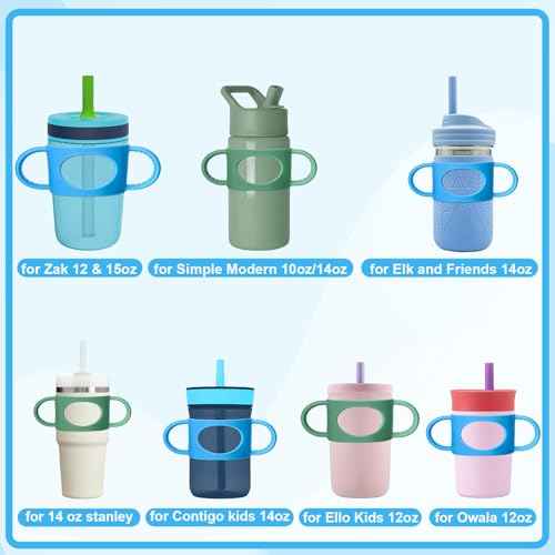 Mity rain Cup Grip Compatible with Owala Toddler Cup - Kid Cup Silicone Dual-Handle Fit for Owala 12oz, for Zak 12oz 15oz, for Stanley 14oz, Kid Water Bottle Handle Tumblers Accessories (Green+Blue)