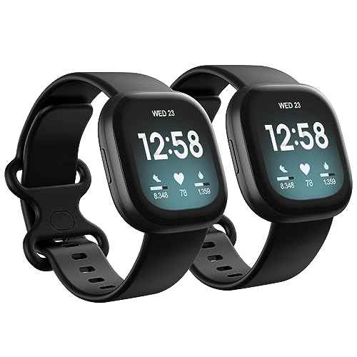 2 Pack Waterproof Bands Compatible with Fitbit Versa 3 / Fitbit Versa 4 / Fitbit Sense/Sense 2 Bands, Classic Soft Sports Replacement Wristbands for Women Men (Large 7.1''-8.7'', black/black)