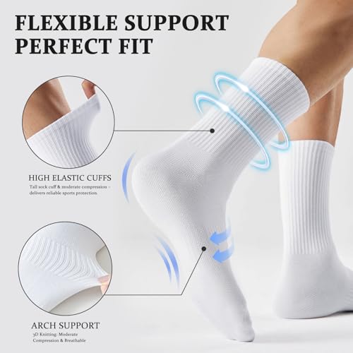 Very Thin Men's Mid Crew Socks - White, 10-13 Size, Breathable & Arch Support - 6 Pairs