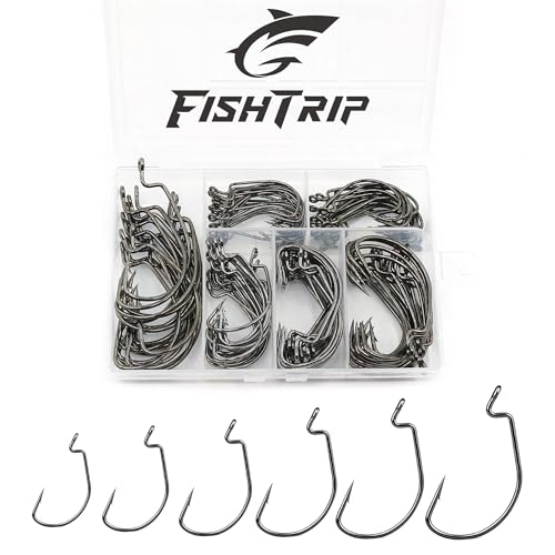 FishTrip 120 Pcs Offset Worm Fishing Hooks - Wide Gap Bass Tackle Set - Mixed Sizes