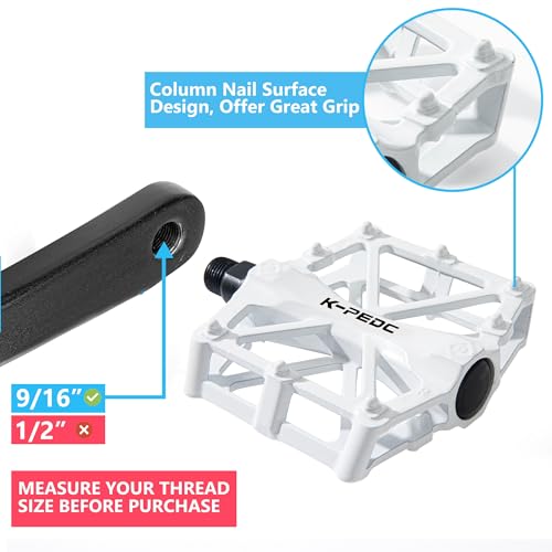 GPMTER Bike Pedals 9/16 White - Anti-Skid Aluminum Alloy MTB Road Bicycle Flat