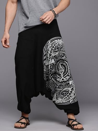 Trident Crest Black-Grey One Size Boho Ankle Harem Pants for Men – Loose Jogger
