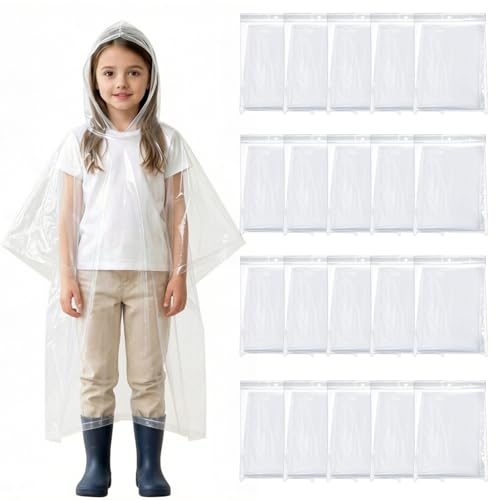 Kids Rain Poncho 20 Pack Waterproof Disposable Hooded Raincoat for Children