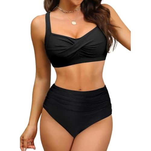 Women's Twist Front Full Coverage Swimsuit V Neck Padded High Waisted Ruched Bikini Set Two Piece Bathing Suit